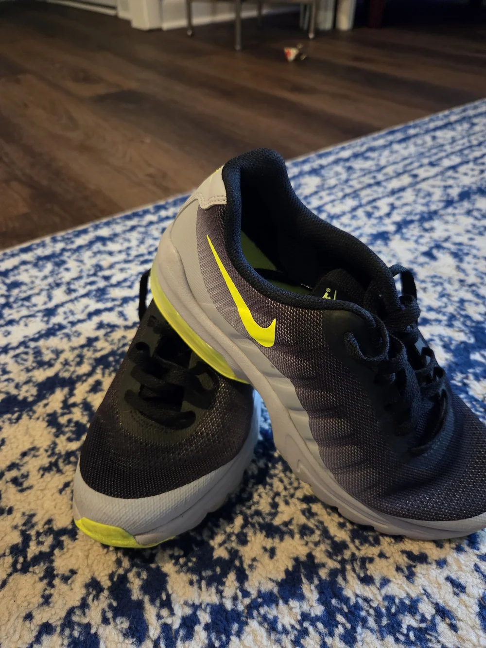 Nike Kids Black and Gray Sneakers with Neon Yellow Swoosh